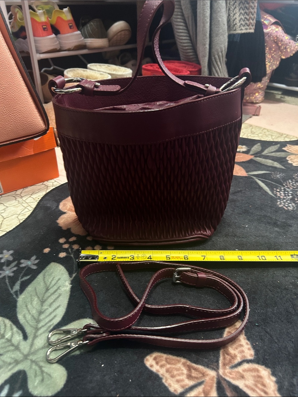 Women's Deep Burgundy Textured Bucket Crossbody Bag
